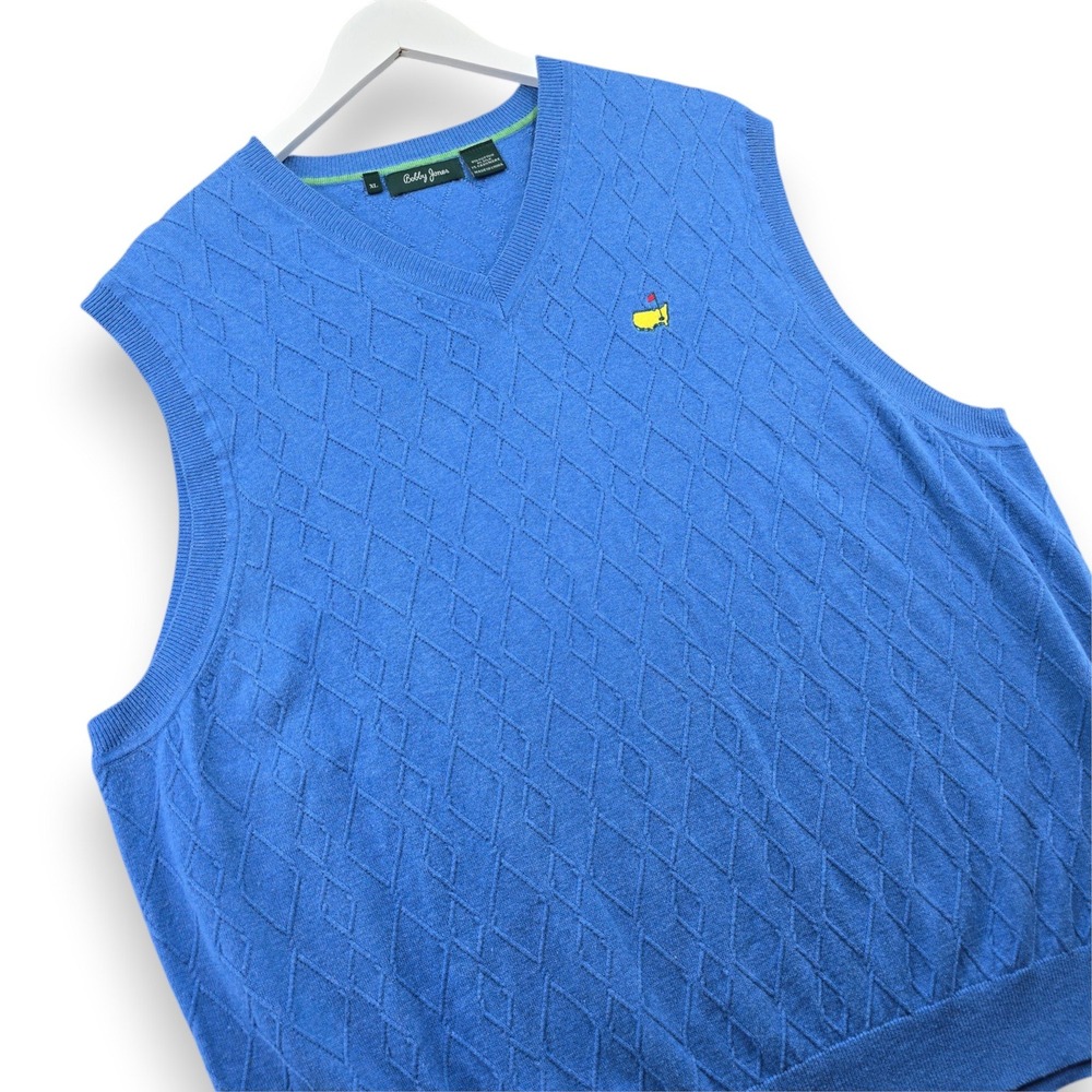 Bobby Jones Masters Sweater Vest Mens XL Blue Cotton Silk Cashmere Diamond Knit